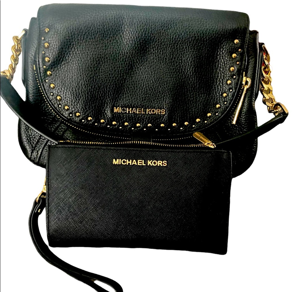 Michael Kors purse with matching wrist wallet. Black leather.